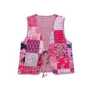 Patchwork Quilted Tie Front Vest Pink Cottagecore M